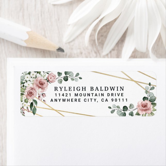 Dusty Rose Pink Gold Floral Return Address Label (Insitu)