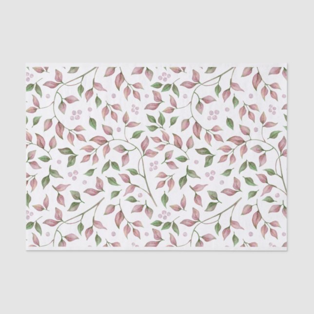 Dusty Rose Pink Green Leaves Tissue Paper (Front)