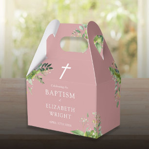 Dusty Rose Pink Greenery Baptism Christening Favor Box