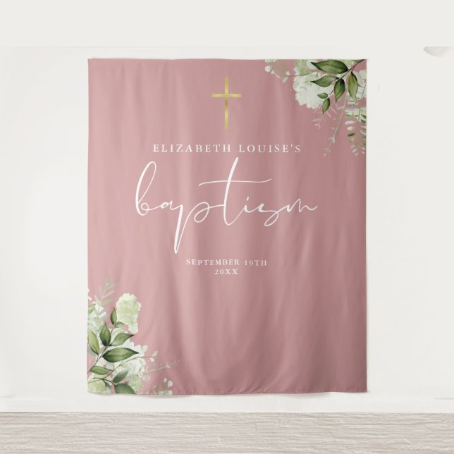 Dusty Rose Pink Greenery Baptism Photo Backdrop Tapestry (Front)