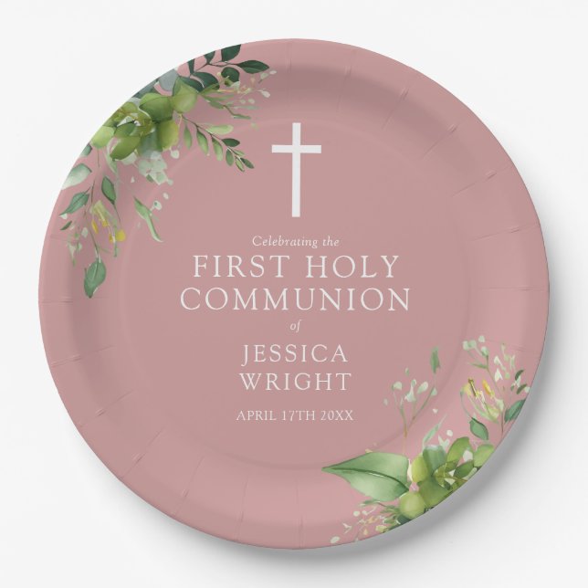 Dusty Rose Pink Greenery First Holy Communion Paper Plate (Front)