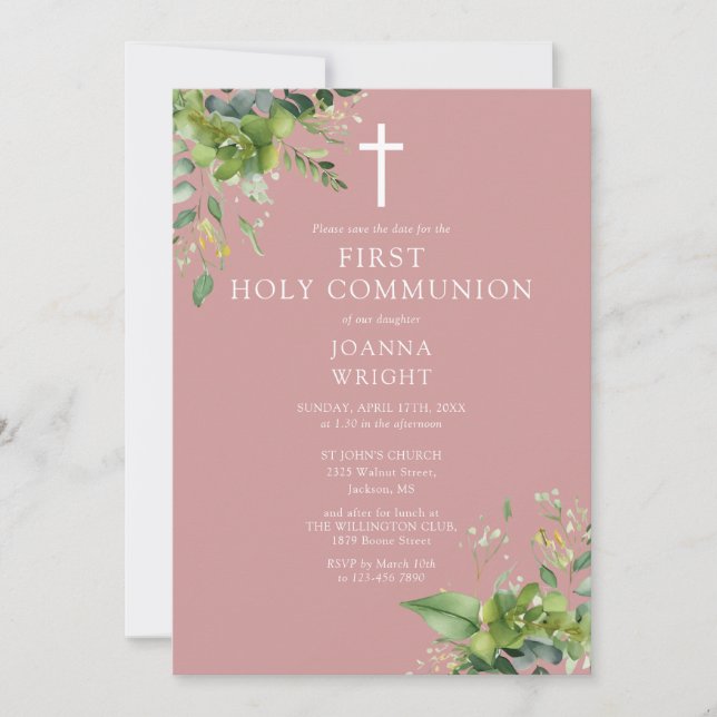 Dusty Rose Pink Greenery First Holy Communion Save The Date (Front)