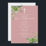 Dusty Rose Pink Greenery First Holy Communion Save The Date<br><div class="desc">This elegant eucalyptus greenery botanical dusty rose pink first holy communion save the date invitation can be personalized with your information in chic typography with monogram initials on the reverse. Designed by Thisisnotme©</div>