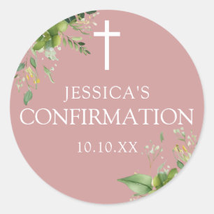 Dusty Rose Pink Greenery Floral Confirmation Favou Classic Round Sticker