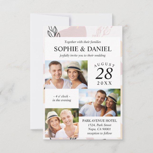 Dusty Rose Pink Line Art Abstract 3 Photo Wedding Invitation (Front)