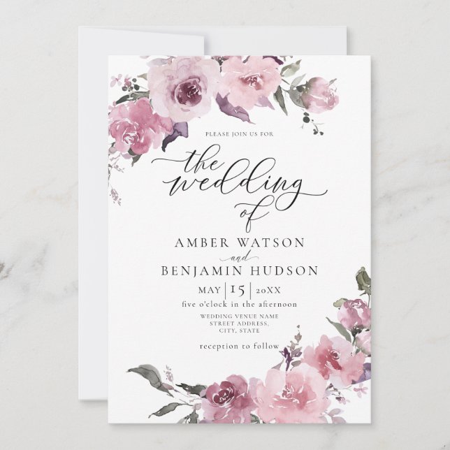 Dusty Rose Pink Mauve Blush Floral Wedding Invitation (Front)
