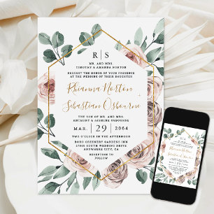 Dusty Rose Pink Mauve Greenery Floral Gold Wedding Invitation