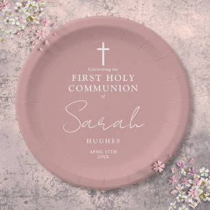 Dusty Rose Pink Minimalist First Holy Communion Paper Plate