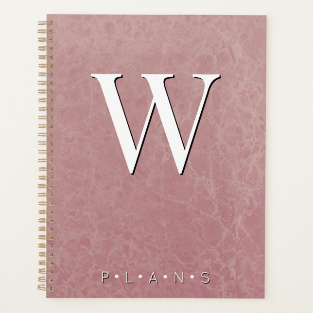 Dusty Rose Pink Modern Marble Monogram Planner (Front)