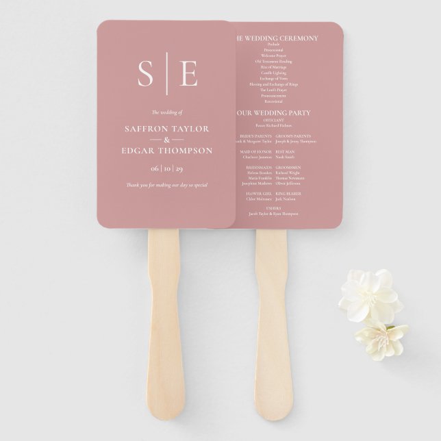 Dusty Rose Pink Monogram Wedding Program Hand Fan (Front and Back)
