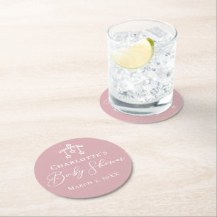 Dusty Rose Pink Personalized Baby Shower Round Paper Coaster