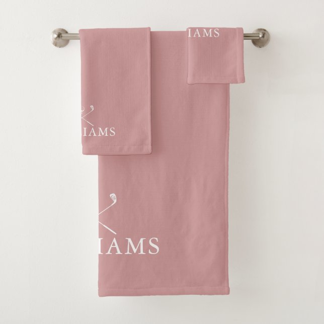 Dusty Rose Pink Personalized Name Golf Clubs Bath Towel Set (Insitu)