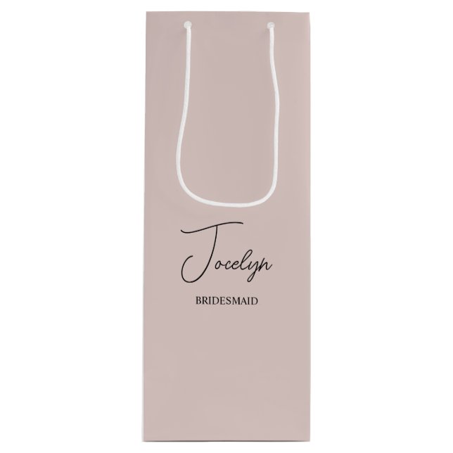 Dusty Rose Pink Personalized Wedding Party Favour Wine Gift Bag (Front)
