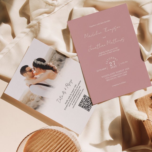 Dusty Rose Pink Photo Budget Wedding QR Code Rsvp Invitation (Creator Uploaded)