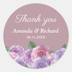 Dusty Rose Pink Purple Floral Wedding Thank You  Classic Round Sticker