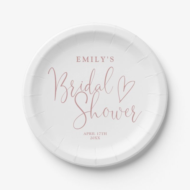 Dusty Rose pink Script Calligraphy Bridal Shower Paper Plate (Front)