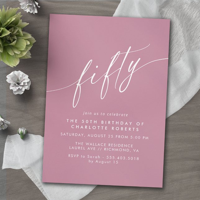 Dusty Rose Pink Script Simple Womens 50th Birthday Invitation (Creator Uploaded)