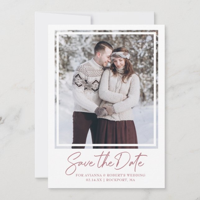 Dusty Rose Pink Text and Photo Wedding Save The Date (Front)