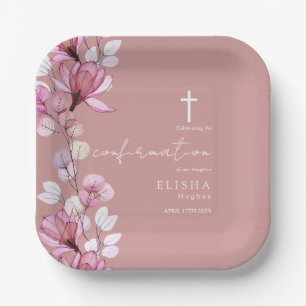 Dusty Rose Pink Transparent Floral Confirmation Paper Plate