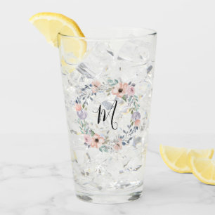 Dusty Rose Pink Watercolor Floral Wreath Monogram Glass