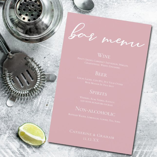 Dusty Rose Pink Wedding Bar Menu (Creator Uploaded)