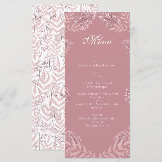 Dusty Rose Pink Wedding Vintage Botanical Menu (Front/Back)