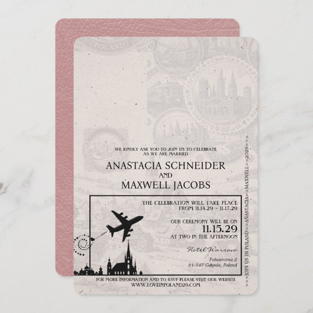 Dusty Rose Poland Passport Wedding Invitation (Front/Back)