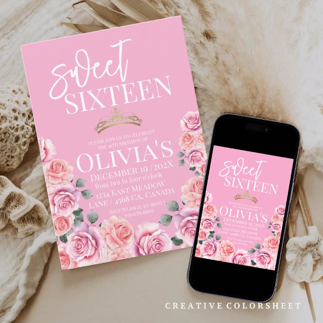 Dusty rose Princess tiara glitter Sweet 16   Invitation (Creator Uploaded)