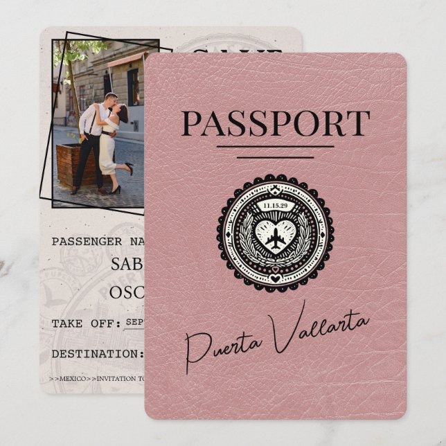 Dusty Rose Puerta Vallarta Passport Save The Date (Front/Back)