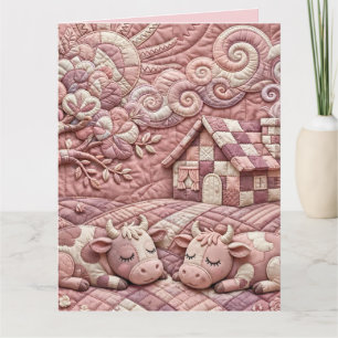 Dusty Rose Quaint Quilted Cows Patchwork Pastoral  Card