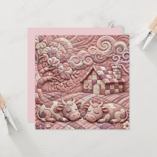 Dusty Rose Quaint Quilted Cows Patchwork Pastoral  Card