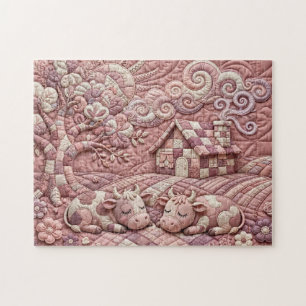 Dusty Rose Quaint Quilted Cows Patchwork Pastoral  Jigsaw Puzzle