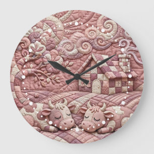 Dusty Rose Quaint Quilted Cows Patchwork Pastoral Large Clock