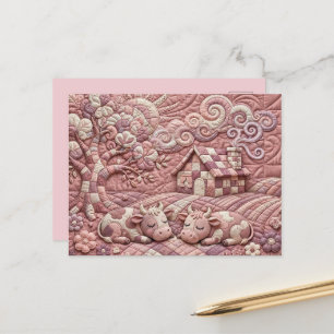 Dusty Rose Quaint Quilted Cows Patchwork Pastoral Postcard