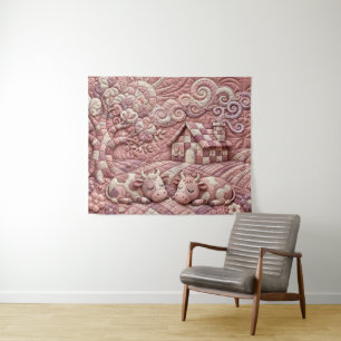 Dusty Rose Quaint Quilted Cows Patchwork Pastoral Tapestry