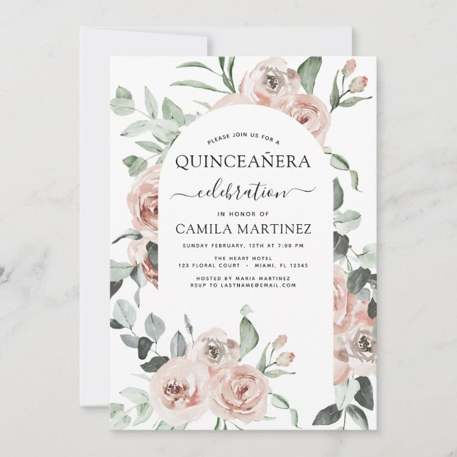 Dusty rose Quinceañera Floral Greenery Invitation (Devant)