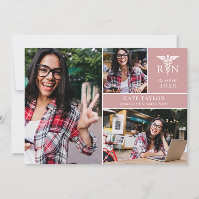 Dusty Rose RN Nursing 3 Photo Graduation Party Invitation (Front)