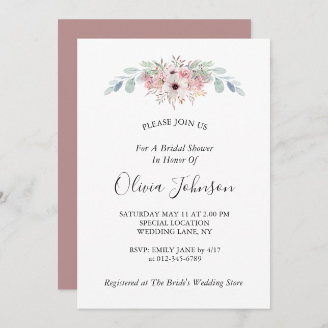 Dusty Rose Rustic Eucalyptus Bridal Shower Invitation (Front/Back)