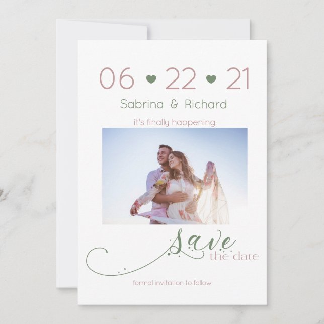 Dusty Rose & Sage Photo Minimalist Save the Date (Front)
