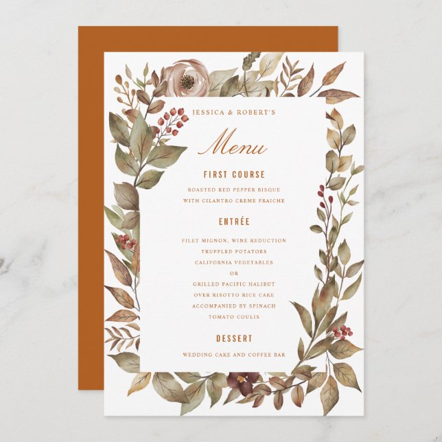 Dusty Rose Sage Rust Fall Wedding Menu Card (Front/Back)