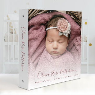 Dusty Rose Script Baby Girl Photo Album 3 Ring  Binder