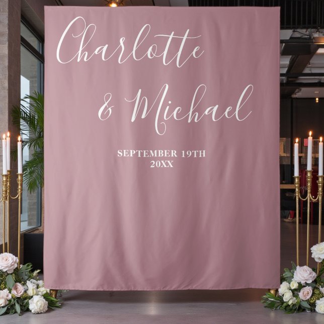 Dusty Rose Script Minimalist Wedding Backdrop Tapestry (Creator Uploaded)