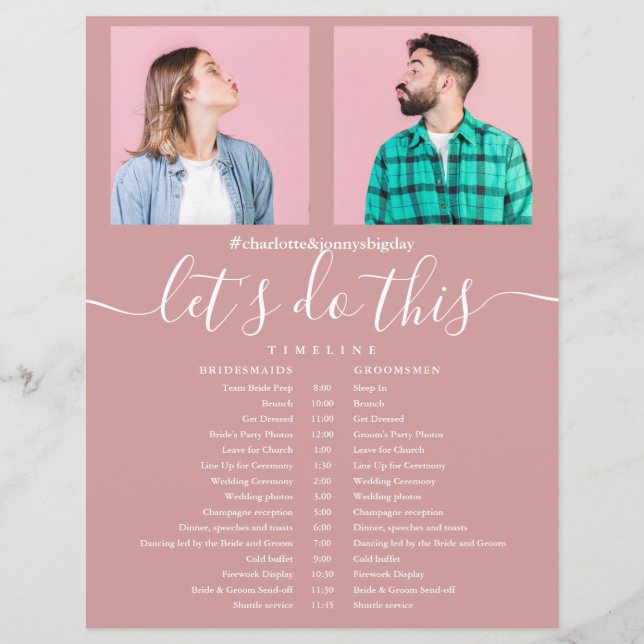 Dusty Rose Script Photo Wedding Schedule Timeline (Front)
