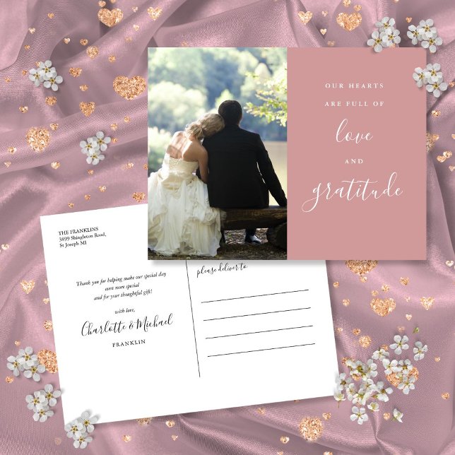 Dusty Rose Script Photo Wedding Thank You Postcard (Dusty Rose Script Photo Wedding Thank You Postcard)