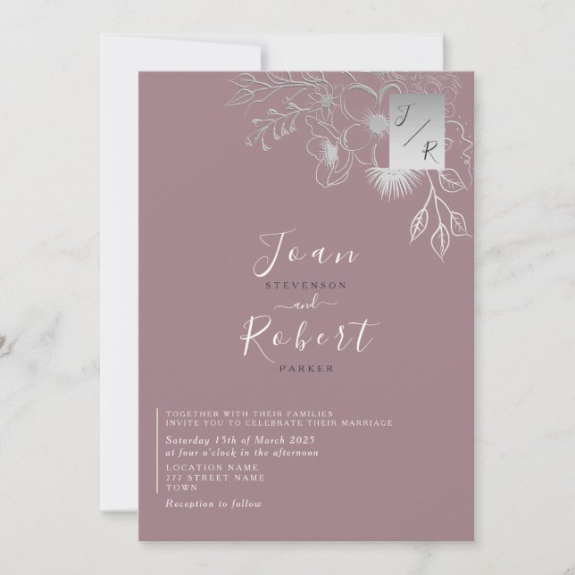 Dusty Rose Silver Floral Faire-part de mariage (Devant)