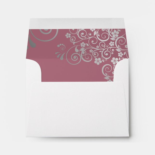 Dusty Rose & Silver Inside Flap White Wedding RSVP Envelope (Back (Bottom))