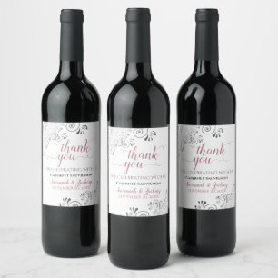 Dusty Rose & Silver Lace White Wedding Thank You Wine Label