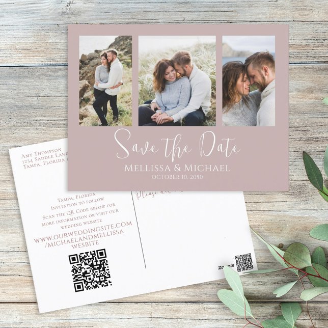 Dusty Rose Simple Minimalist Photo Collage QR Code Postcard (Creator Uploaded)