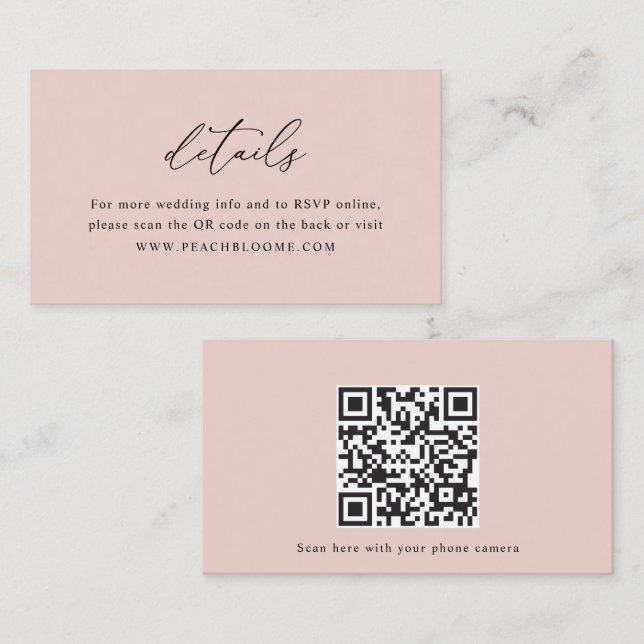 Dusty Rose Site Web Mariage QR Code Détails Carte (Devant / Derrière)