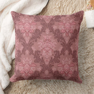 Dusty Rose Soft Pink Burgundy Elegant Damask Throw Pillow